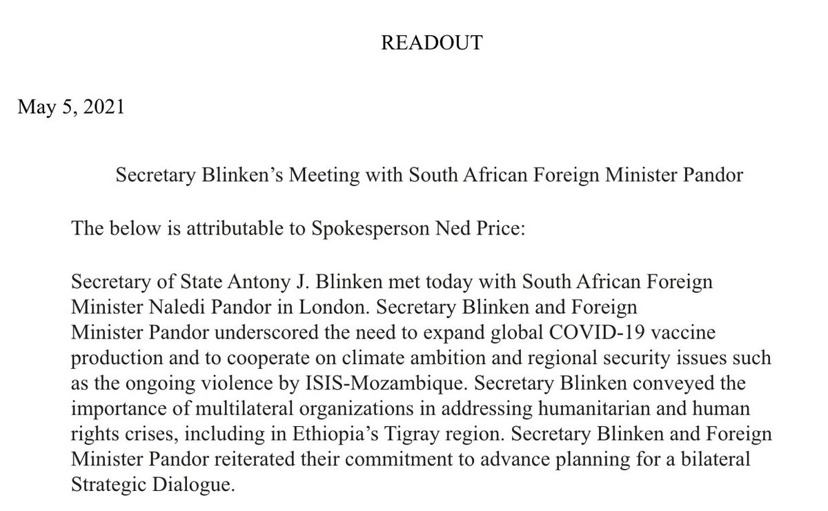 Humanitarian and humanrights crises in Ethiopia's Tigray region was high on agenda in @SecBlinken's meeting with South African Foreign Minister Naledi Pandor