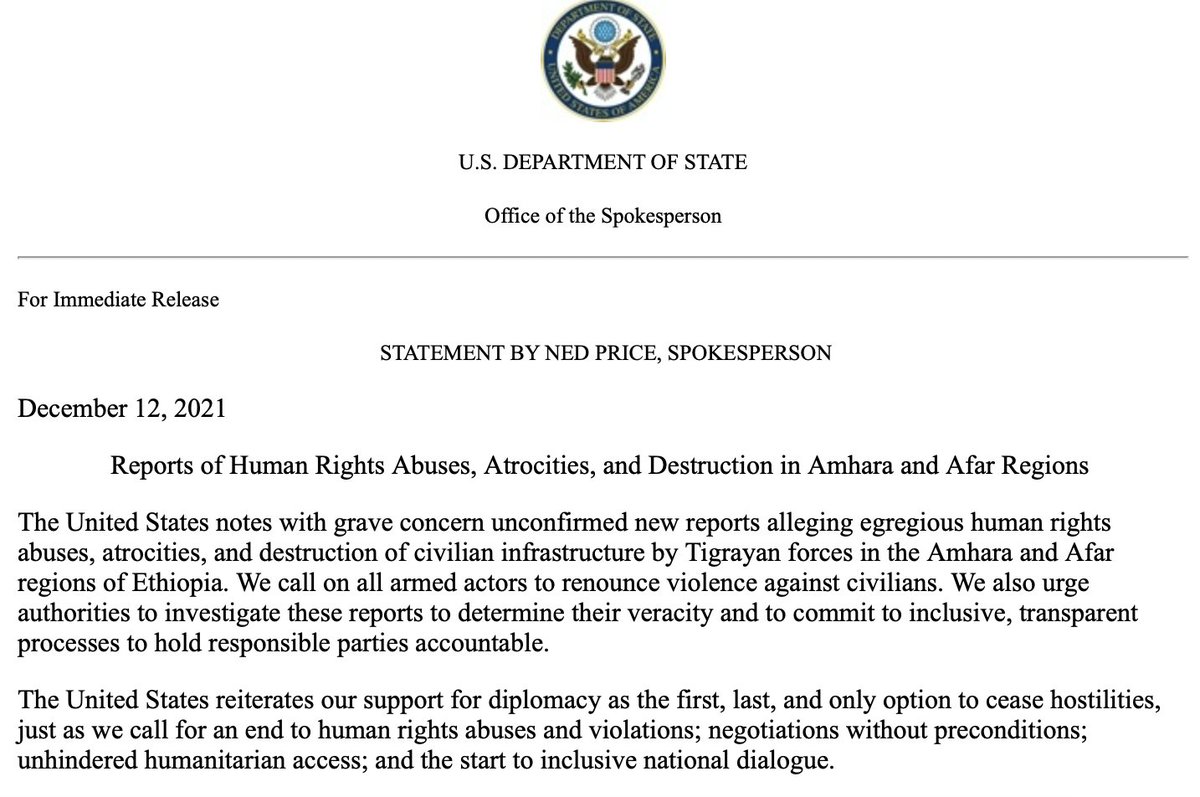 US notes with grave concern unconfirmed new reports alleging egregious human rights abuses, atrocities, and destruction of civilian infrastructure by Tigrayan forces in the Amhara and Afar regions of Ethiopia, says @StateDeptSpox