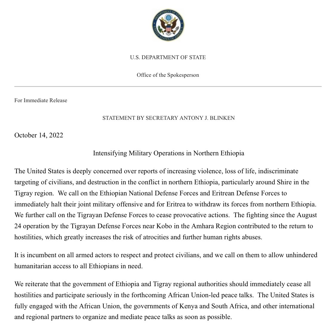 US deeply concerned over reports of increasing violence, loss of life, indiscriminate targeting of civilians, and destruction in the conflict in northern Ethiopia, particularly around Shire in the Tigray region, says @SecBlinken in a statement