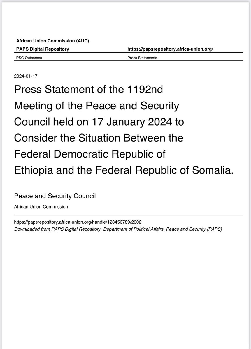 Somalia Foreign Ministry: No space for mediation unless Ethiopia retracts its illegal MoU and reaffirms the sovereignty and territorial integrity of Somalia, the foreign ministry of Somalia said in response to an @AUC_PAPS statement on Wednesday which proposed that  former Nigeria president Olusegun Obasanjo to be dispatch to start dialogue between the two countries. In that statement, @AUC_PAPS called for the preservation of the unity, territorial integrity, independence and sovereignty of member states, but Somalia said it has not violated the territorial integrity of Ethiopia.