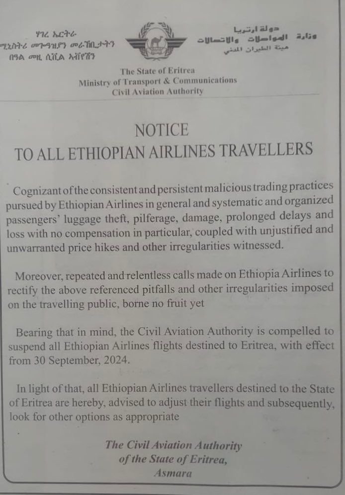 Eritrea announces it will suspend all @flyethiopian flights to Eritrea alleging 'hostile trade practices' and 'organised theft' of passenger luggage