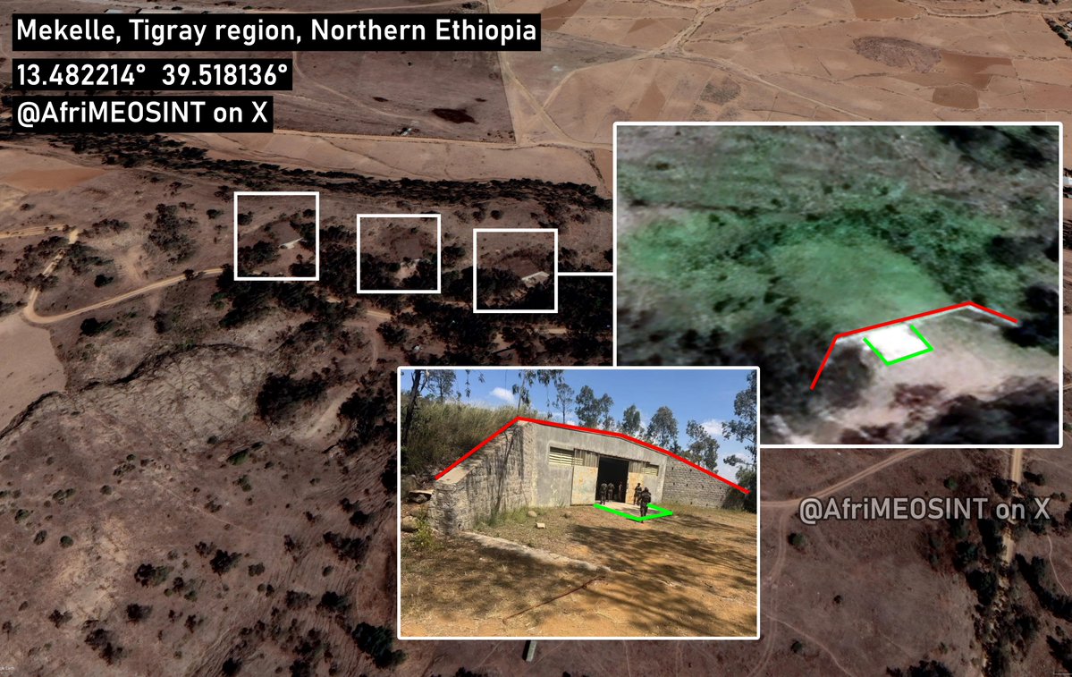 Confirmed: the warehouse/bunker is a former ENDF facility at 13.482214, 39.518136 adjoining Mekelle Airport in Tigray, captured by the TDF in 2021. The munitions, drones and equipment seized there therefore seem to be a mix of captured ENDF stocks and recent TDF acquisitions